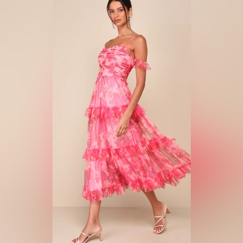 SOLD. NWT. Lulus Exquisite Existence Pink Floral Pleated Ruffled Midi Dress.